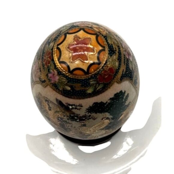Vintage Satsuma Hand Painted Porcelain Egg Peacock & Floral Gilded 5" - Picture 6 of 7